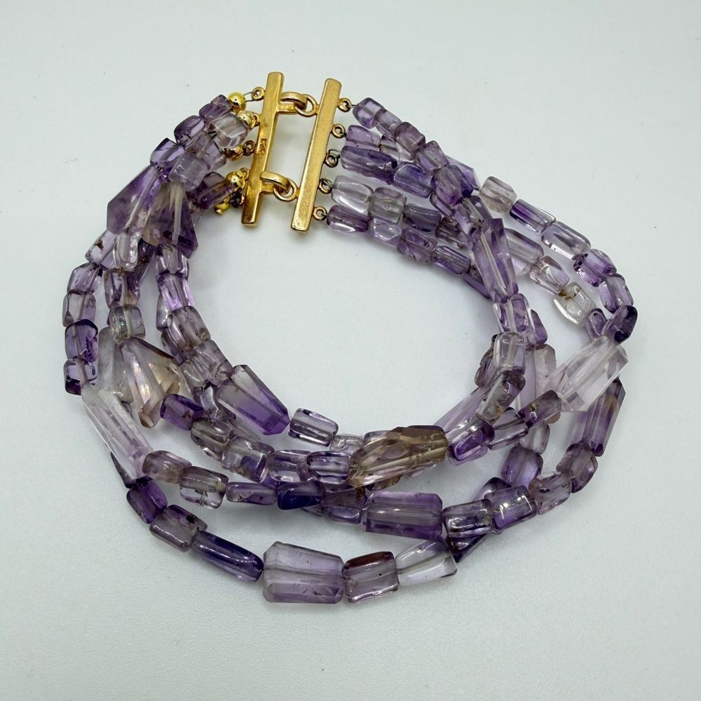 7” Revived! 5‎ strands of amethyst beaded bracelet w/ gold over 925 clasp!